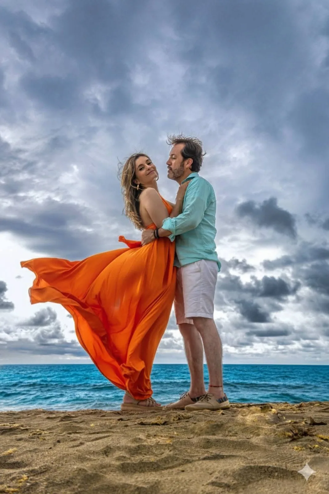 Carol con vestido naranja al viento bailando con Carlos en la playa
