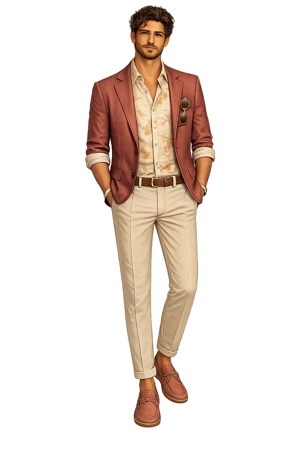 Invitado con blazer terracota y pantalón beige